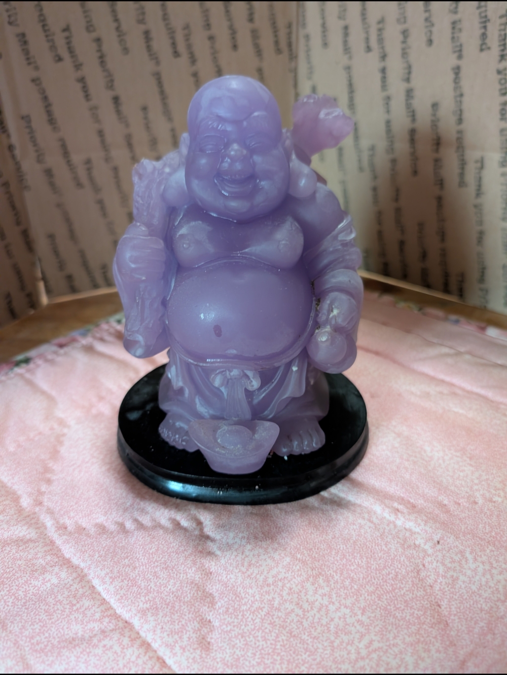 Lavender Laughing Buddha Figurine on Black Base